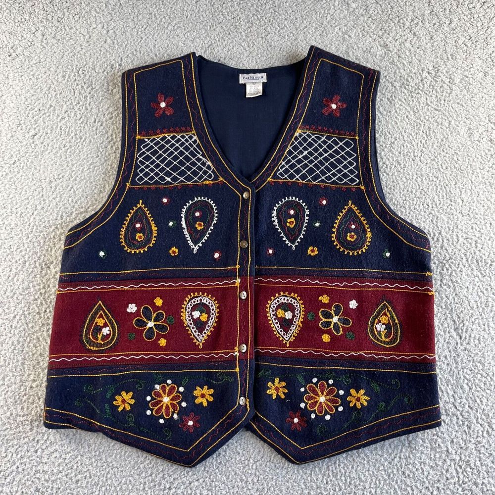 NEW Vintage Van Heusen Cardigan Sweater Vest Womens Large Blue Wool Blend Floral